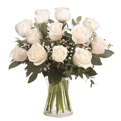 12 White Roses in a Glass Vase