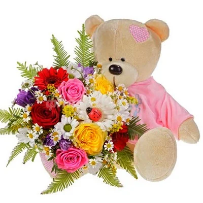 Seasonal Bouquet with Teddy Bear in Bright Colours