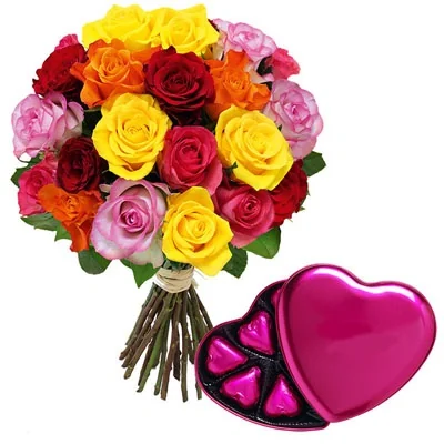 20 Mixed-Colour Roses with Chocolate